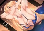  1girl ahoge armpits artoria_pendragon_(all) artoria_pendragon_(lancer) bangs blonde_hair blush breasts cleavage covered_nipples earrings eyebrows_visible_through_hair fate_(series) flexible genjung green_eyes hair_between_eyes highres jewelry large_breasts long_hair looking_at_viewer solo sweat 