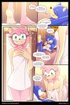  amy_rose anthro bandage barefoot bathroom bed bedroom bent_over biped black_border blue_body blue_fur border breasts classic_sonic_(universe) cleavage clothed clothing comic dialogue digital_media_(artwork) duo english_text eulipotyphlan eyes_closed feet female fur furniture green_eyes grin hedgehog hi_res imminent_sex inside looking_at_another lying male male/female mammal marik_azemus34 on_back on_bed open_mouth open_smile pillow pink_body pink_fur smile soles sonic_boom sonic_the_hedgehog sonic_the_hedgehog_(series) sparkles speech_bubble standing tan_body tan_skin text toes towel towel_only white_towel wounded 