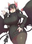  1girl absurdres black_hair black_sweater black_tail black_wings breasts curvy demon_girl demon_horns demon_tail demon_wings dress english_text glasses green_eyes heart highres horns huge_breasts juugoya_(zyugoya) long_hair merii_(mazohaha) musuko_ga_kawaikute_shikatanai_mazoku_no_hahaoya one_eye_closed pantyhose pointy_ears red-framed_eyewear red_horns ribbed_sweater sweater sweater_dress tail thick_thighs thighs tongue white_background wings 