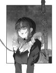  1girl ball_gag breasts breath chain cleavage collar collarbone cross cross_earrings earrings eyebrows_visible_through_hair frills gag greyscale hei_yan-m82a1 highres jewelry large_breasts leash maid monochrome open_mouth original short_hair sketch solo 