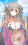  1girl absurdres alternate_costume artist_request azur_lane bikini blue_bikini braid braided_bun breasts choker cleavage criss-cross_halter double_bun feather_boa formidable_(azur_lane) formidable_(the_lady_of_the_beach)_(azur_lane) halterneck highres holding holding_hair large_breasts long_hair looking_at_viewer multi-strapped_bikini ocean orange_eyes pink_choker platinum_blonde_hair single_thighhigh skindentation solo swimsuit thighhighs very_long_hair white_legwear 