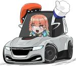  absurdres chef_hat chibi driving hat highres hololive hololive_english looking_to_the_side n13 open_mouth orange_hair purple_eyes saab saab_phoenix solo takanashi_kiara vehicle_focus virtual_youtuber 