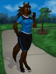  3:4 anthro clothed clothing cloud equid equine female hi_res horse jakkalwolf lindsey mammal park solo sportswear standing training tree 
