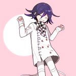  1202_koge 1boy ^_^ buttons checkered checkered_scarf closed_eyes colored_tips commentary_request danganronpa eyebrows_visible_through_hair grin hair_between_eyes jacket long_sleeves male_focus new_danganronpa_v3 ouma_kokichi pants pink_background purple_hair scarf shiny shiny_hair simple_background sleeves_past_wrists smile solo white_jacket white_pants 