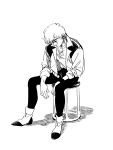  1boy ashita_no_joe boots closed_eyes gundam gundam_zz jacket judau_ashta monochrome parody penta_(20vdohc) short_hair sitting smile solo 