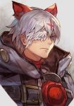  1boy animal_ear_fluff animal_ears ano_otoko bangs belt closed_mouth eyepatch guilty_gear hair_ornament high_collar hood hood_down hooded_jacket hungry_clicker jacket purple_eyes shirt short_hair silver_hair simple_background solo upper_body white_jacket 
