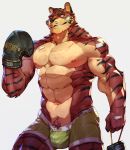  abs anthro biceps big_muscles boxing_gloves bulge clothing erection felid handwear kourney male mammal muscular muscular_anthro muscular_male pantherine simple_background smile solo tiger 