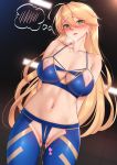 1girl absurdres ahoge artoria_pendragon_(all) artoria_pendragon_(lancer) bangs blonde_hair blush breasts cleavage covered_nipples eyebrows_visible_through_hair fate_(series) genjung green_eyes hair_between_eyes heavy_breathing highres large_breasts long_hair looking_at_viewer partially_visible_vulva pubic_hair revealing_clothes solo 