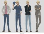  1boy amuro_tooru bad_id bad_pixiv_id black_neckwear black_shirt blue_eyes blue_headwear blue_jacket blue_pants brown_footwear brown_jacket brown_pants brown_suit buttons casual collared_shirt crossed_arms crossed_legs dress_shirt formal frown grey_background hair_between_eyes hand_in_pocket hand_up hands_in_pockets hat hat_removed headwear_removed holding holding_clothes holding_hat index_finger_raised jacket light_brown_hair long_sleeves looking_at_viewer looking_to_the_side male_focus meitantei_conan mrc-k multiple_views necktie open_clothes open_jacket pants pink_shirt shirt shoes short_hair side-by-side simple_background smile standing standing_on_one_leg suit twitter_username undershirt white_jacket white_shirt 