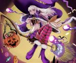  1girl bare_shoulders book broom broom_riding candy capelet closed_mouth detached_sleeves fire_emblem fire_emblem:_three_houses food full_body full_moon halloween halloween_basket halloween_costume hat high_heels highres holding holding_book large_hat long_hair lysithea_von_ordelia magic moon night pink_eyes pink_legwear pleated_skirt purple_footwear purple_headwear purple_skirt skirt smile striped striped_legwear thighhighs usausanopopo5 white_hair witch witch_costume witch_hat 
