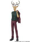  anthro antlers beastars belt bottomwear cervid cervine clothed clothing footwear hi_res horn looking_at_viewer louis_(beastars) male mammal necktie official_art orange_co. pants red_deer shirt shoes simple_background solo suit topwear white_background 