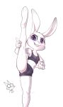  alec8ter anthro anus barely_visible_genitalia barely_visible_pussy bodily_fluids buckteeth canid canine clothed clothing crop_top disney female fox fur genitals hi_res judy_hopps lagomorph leporid mammal midriff nick_wilde open_mouth open_smile purple_eyes pussy rabbit red_fox shirt simple_background smile standing standing_splits stretching sweat sweatdrop teeth topwear white_background zootopia 