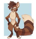  anthro barefoot brown_body brown_fur brown_hair casual_nudity fluffy fluffy_tail fur hair half-closed_eyes hi_res long_tail male mammal milkchaotea narrowed_eyes red_eyes short_hair simple_background siroc_(character) solo viverrid yellow_sclera 