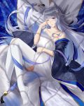  1girl absurdres animal_ear_fluff animal_ears azur_lane bare_shoulders bell blue_eyes blue_kimono collarbone fox_ears fox_girl frozen-sad grey_hair highres holding_tail japanese_clothes kimono kyuubi large_tail long_hair looking_at_viewer lying multiple_tails no_shoes off-shoulder_kimono on_back one_eye_closed shinano_(azur_lane) sleepy solo tail thighhighs very_long_hair white_legwear white_tail 