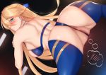  1girl ahoge anus_peek artoria_pendragon_(all) artoria_pendragon_(lancer) ass bangs blonde_hair blush breasts censored covered_nipples eyebrows_visible_through_hair fate_(series) from_behind genjung green_eyes hair_between_eyes highres jewelry large_breasts long_hair looking_at_viewer mosaic_censoring necklace pussy_peek solo sweat 