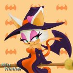 1:1 breasts broom broom_riding chiropteran cleavage clothed clothing female halloween hat headgear headwear hi_res holidays mammal misswinther rouge_the_bat smile smirk solo sonic_the_hedgehog_(series) witch_costume witch_hat 