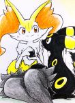  2020 3_toes ambiguous_gender anthro big_ears biped black_body black_fur black_nose black_tail blep blush bottle braixen chest_tuft cute_expression dripping duo eeveelution eiroru eye_contact feral fluffy fluffy_tail front_view fur hi_res hip_tuft holding_bottle holding_object ink inner_ear_fluff long_tail looking_at_another looking_up lying multicolored_body multicolored_fur multicolored_tail nintendo on_back paws pink_tongue pok&eacute;mon pok&eacute;mon_(species) portrait red_eyes ribbons semi-anthro shoulder_tuft simple_background sitting slim smile tailwag toes tongue tongue_out traditional_media_(artwork) tuft two_tone_body two_tone_fur two_tone_tail umbreon video_games wet white_background white_body white_fur yellow_body yellow_fur yellow_tail 