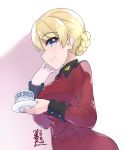  1girl absurdres artist_name bangs blonde_hair blue_eyes braid closed_mouth commentary cup darjeeling_(girls_und_panzer) dated epaulettes eyebrows_visible_through_hair from_side girls_und_panzer highres holding holding_cup holding_saucer jacket kimi_tsuru long_sleeves looking_at_viewer military military_uniform red_jacket saucer short_hair signature smile solo st._gloriana&#039;s_military_uniform teacup tied_hair twin_braids twitter_username uniform upper_body 