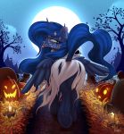  2020 absurd_res candle detailed_background digital_media_(artwork) equid eyebrows eyelashes female feral food friendship_is_magic fruit full_moon halloween hasbro hi_res holidays hooves horn looking_at_viewer looking_back mammal moon my_little_pony outside plant princess_luna_(mlp) pumpkin redvais tongue tongue_out tree underhoof winged_unicorn wings 
