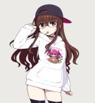  1girl bangs baseball_cap breasts brown_eyes brown_hair candy chan_co choker elizabeth_bathory_(fate) elizabeth_bathory_(fate)_(all) fate/extra fate/extra_ccc fate_(series) food glasses hat highres kishinami_hakuno_(female) lollipop long_hair long_sleeves looking_at_viewer simple_background sweater thighs 