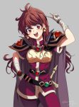  1girl armor belt blush bracelet breasts brown_hair cape commentary_request cowboy_shot earrings gloves grey_background hand_on_hip headband highres jewelry lina_inverse long_hair nagisa_iwa open_mouth red_eyes short_sleeves shoulder_armor slayers smile solo v 