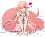  1girl :d bare_arms blanket blush breasts cleavage collarbone eyebrows_visible_through_hair hair_between_eyes hair_ornament hairclip happy_birthday heart lamia lingerie long_hair looking_at_viewer miia_(monster_musume) mita_kurumi monster_girl monster_musume_no_iru_nichijou on_bed open_mouth pointy_ears red_hair scales see-through smile solo tail underwear yellow_eyes 