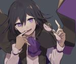  1boy bangs black_cape black_hair candy cape checkered collared_shirt commentary danganronpa fang floating_clothes food hair_between_eyes highres holding huyuharu0214 index_finger_raised lollipop long_sleeves looking_at_viewer male_focus new_danganronpa_v3 open_mouth ouma_kokichi purple_cape purple_eyes purple_hair purple_neckwear shirt short_hair signature simple_background smile solo upper_body 