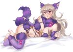  1girl animal_ears bare_thighs barefoot breasts cleavage corrin_(fire_emblem) corrin_(fire_emblem)_(female) dangerous_beast fate/grand_order fate_(series) fire_emblem fire_emblem_fates halloween halloween_costume large_breasts long_hair looking_at_viewer lying mash_kyrielight midriff on_side open_mouth purple_nails red_eyes sideboob simple_background solo spiffydc tail wolf_ears wolf_girl wolf_tail 