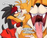  absurd_res anthro blush bodily_fluids canid canine duo english_text fan_character fox foxynoms hi_res imminent_vore male male/male mammal miles_prower mouth_shot open_mouth oral_vore saliva sonic_the_hedgehog_(series) speech_bubble text tongue tongue_out vore 