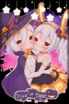  2girls alternate_costume animal_ears azur_lane bangs black_camisole black_cloak bunny_ears camisole cloak elbow_gloves eyebrows_visible_through_hair fake_animal_ears flat_chest food_themed_hair_ornament gloves hair_ornament halloween halloween_costume hat headband headwear highres hug irokari jewelry kokkoro_(princess_connect!) laffey_(azur_lane) light_blush long_hair looking_at_viewer medium_hair multiple_girls orange_skirt pendant pointy_ears princess_connect! princess_connect!_re:dive pumpkin_hair_ornament pumpkin_print red_eyes ribbon skirt star_(symbol) strap_slip twintails white_gloves white_hair 