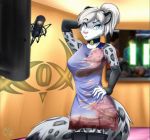  anthro bell blue_eyes breasts clothed clothing collar detailed_background felid female fluffy fluffy_tail fur grey_body grey_fur hair mammal multicolored_body multicolored_fur pantherine raynadkins snow_leopard solo white_body white_fur white_hair 