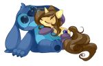  alpha_channel blue_body blue_fur blue_pawpads brown_hair brown_mane claws clothing cutie_mark disney equid equine fan_character female feral fingers fur gloves hair handwear hasbro horn hug lilo_and_stitch long_ears lying mammal mane my_little_pony outline pajamas pawpads plushie simple_background sitting size_difference stitch_(lilo_and_stitch) tan_body tan_fur transparent_background unicorn 