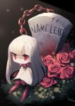  1girl chain closed_mouth collar eye_(okame_nin) flower grass highres jitome long_hair no_mouth okame_nin original red_eyes red_flower red_rose rose sitting solo spiked_collar spikes tombstone white_hair white_skin 
