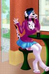  anthro beverage black_body black_fur black_hair blue_eyes blue_hair breasts canid canine canis cellphone clothed clothing coffee cup dalmatian detailed_background domestic_dog fangs female fluffy fluffy_tail fur hair hi_res holding_object mammal multicolored_body multicolored_fur multicolored_hair open_mouth open_smile phone raynadkins smile solo tongue two_tone_body two_tone_fur two_tone_hair white_body white_fur 