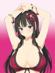  1girl armpits arms_up black_hair blue_eyes bra bracelet breasts cleavage flower hair_flower hair_ornament highres jewelry kagura_(senran_kagura) lace-trimmed_bra lace_trim large_breasts long_hair official_art senran_kagura underwear upper_body yaegashi_nan 