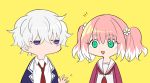  1boy 1girl daisy flower green_eyes hand_up hiiragi_nana multicolored_hair munou_na_nana onodera_kyouya pink_hair purple_eyes school_uniform twintails two-tone_hair white_hair yukisa 