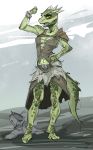  anthro argonian armor barefoot belt bethesda_softworks breasts claws clothed clothing deeja feet female flexing green_body green_scales hi_res humanoid_feet johnfoxart looking_at_viewer pauldron scales scalie skyrim solo the_elder_scrolls toe_claws video_games 
