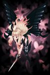  1girl absurdres anne_(bravely_second) antenna_hair bare_shoulders black_legwear black_wings bravely_default_(series) bravely_second:_end_layer bug butterfly butterfly_wings closed_mouth floating_hair flying highres holding holding_sword holding_weapon insect long_hair okame_nin pointy_ears purple_eyes rapier smile solo spread_wings sword thighhighs weapon white_hair wings 