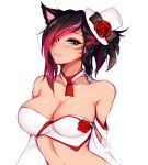  1girl absurdres animal_ears bandeau bare_shoulders black_hair blush breasts cat_ears choker cleavage facial_mark final_fantasy final_fantasy_xiv foxykuro green_eyes hair_over_one_eye hat highres large_breasts looking_at_viewer marie_makise mini_hat mini_top_hat miqo&#039;te multicolored_hair short_hair slit_pupils smile solo strapless top_hat two-tone_hair upper_body whisker_markings white_background 