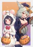  2girls :d animal animal_costume animal_ear_fluff animal_ears animal_on_head bangs black_dress black_hair black_legwear blush bow braid breasts brown_eyes candy candy_cane cheese claw_(weapon) cleavage closed_mouth commentary cowboy_shot dress eating erune fake_animal_ears fake_tail fang food granblue_fantasy grey_hair hair_between_eyes hair_ornament halloween_basket hat heart highres holding holding_food jiangshi_costume lollipop long_hair long_sleeves looking_at_viewer medium_breasts mouse mouse_ears multiple_girls ofuda on_head open_mouth qing_guanmao red_bow red_eyes red_headwear sen_(granblue_fantasy) single_braid sleeves_past_fingers sleeves_past_wrists small_breasts smile standing symbol_commentary tail thighhighs uneg very_long_hair vikala_(granblue_fantasy) weapon 