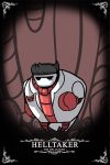  1boy artist_name black_hair character_name clenched_hands commentary full_body helltaker helltaker_(character) highres hollow_knight image_sample insect_boy insect_print jacket manly parody red_vest solo standing staring style_parody taphris twitter_sample vest white_jacket 