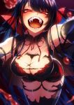  1girl :d arm_strap bangs bat bat_wings black_choker black_hair blood blurry blurry_foreground blush breasts brown_hair cape choker cluseller dress fangs gloves halloween highres lace lace-trimmed_dress lace-trimmed_legwear lace_choker lace_trim large_breasts long_hair looking_at_viewer neck_ribbon open_mouth original pointy_ears reaching_out red_eyes ribbon slit_pupils smile solo thigh_strap thighhighs thighs tongue vampire vampire_costume wings 