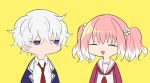  1boy 1girl daisy flower hiiragi_nana multicolored_hair munou_na_nana onodera_kyouya pink_hair purple_eyes school_uniform twintails two-tone_hair white_hair yukisa 