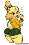  &lt;3 2020 accessory animal_crossing anthro big_breasts big_butt black_eyes blush bodily_fluids bottomwear breasts butt canid canine canis clothed clothing digital_media_(artwork) domestic_dog english_text eyelashes female fur gesture hair hair_accessory hair_bell hi_res isabelle_(animal_crossing) lollipopcon looking_at_viewer mammal miniskirt nintendo ok_sign open_mouth saliva saliva_on_tongue shih_tzu simple_background skirt solo sweat text thick_thighs tongue tongue_out topwear toy_dog url video_games white_background yellow_body yellow_fur 