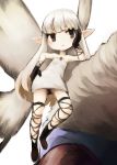  1girl aerie_(bravely_default) black_eyes black_footwear black_gloves bravely_default_(series) closed_mouth dress fairy gloves hand_up highres long_hair okame_nin pointy_ears short_dress simple_background solo strapless strapless_dress white_background white_dress white_hair 