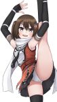  1girl armpits arms_up ass_visible_through_thighs black_gloves black_legwear black_skirt blush brown_eyes brown_hair commentary_request cowboy_shot elbow_gloves fingerless_gloves flexible gloves hair_ornament highres kantai_collection leg_lift leg_up looking_at_viewer no_shoes open_mouth panties remodel_(kantai_collection) scarf school_uniform sendai_(kantai_collection) serafuku skirt smile solo split standing standing_on_one_leg standing_split stretch thighhighs thighs tiemu_(man190) underwear white_panties white_scarf 