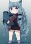  1girl animal_ear_fluff animal_ears blue_background blue_eyes blue_hair borrowed_character brown_hoodie closed_mouth dog_ears dog_tail fish gradient gradient_background highres holding hood hood_down hoodie long_hair long_sleeves looking_at_viewer nijika_(mebae_m) okame_nin original purple_scoks socks solo standing tail very_long_hair 