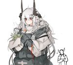  1boy 1girl arknights body_armor demon_boy demon_girl demon_horns earrings faceless faceless_male flower gloves headwear_removed helmet helmet_removed horns jewelry mask mikojin mudrock_(arknights) pointy_ears red_eyes smile white_hair 