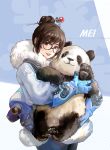  1girl achyue animal blue_gloves blush brown-framed_eyewear brown_eyes brown_hair character_name english_text fur_trim glasses gloves hair_ornament hairpin mei_(overwatch) overwatch panda parted_lips smile winter_clothes 