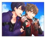  2boys bangs black_collar black_gloves black_shirt brown_eyes brown_hair closed_eyes closed_mouth collar cup day disposable_cup drinking drinking_straw earrings eyebrows_visible_through_hair fushimi_gaku gloves hair_between_eyes holding holding_cup jacket jewelry kenmochi_touya long_sleeves male_focus mole mole_under_eye multiple_boys nijisanji open_clothes open_jacket open_mouth outdoors partially_fingerless_gloves purple_hair purple_jacket red_jacket shikino_yuki shirt upper_body virtual_youtuber 